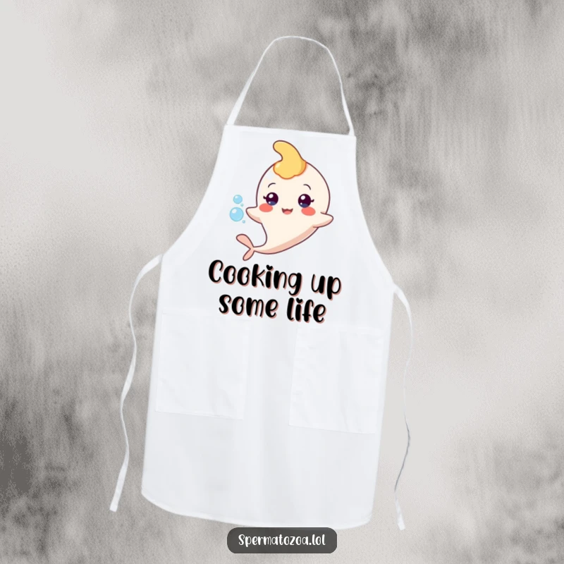 Funny sperm character apron, floating with a bubble, suitable for cooking and kitchen activities.