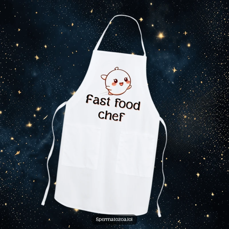 Funny Speedy Smile Apron showing a zipping character with a glow, perfect for cooks and as a humorous funny gift.