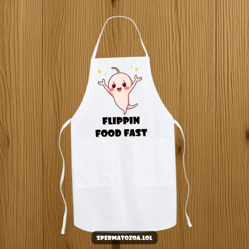 Funny Apron: A tiny sperm character does an energetic celebratory flip, adding a humorous and playful touch to kitchen activities.