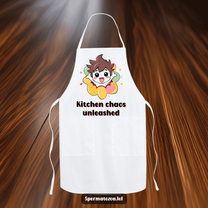 Funny apron with a character joyfully bursting out of a colorful abstract shape, ideal for adding humor to kitchen activities.