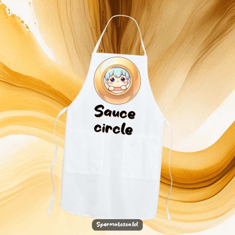 Funny kitchen apron with a curious character peeking from behind a shiny, circular object, adding humor to cooking.