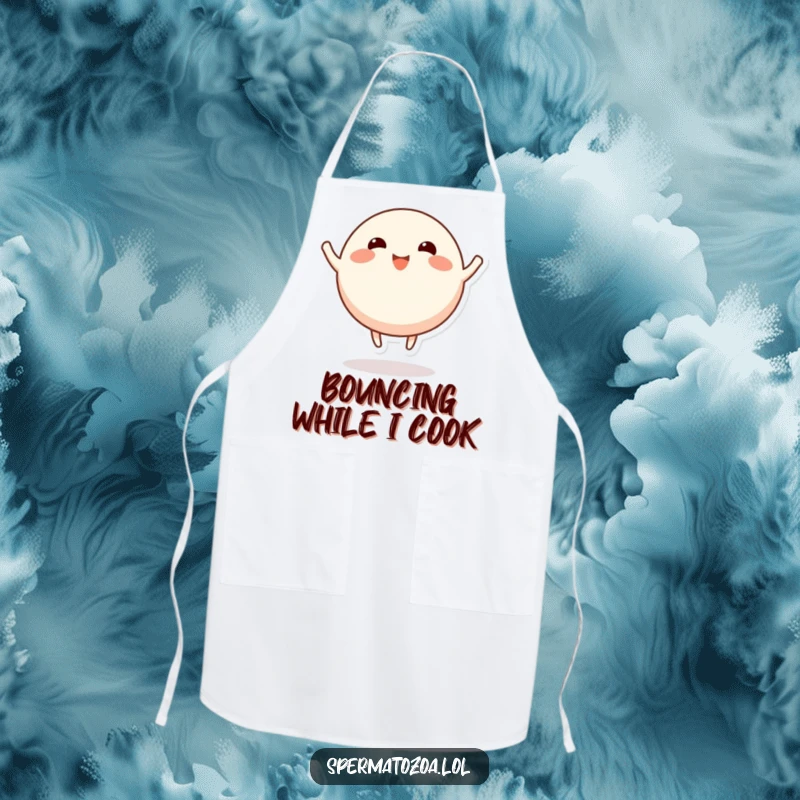 Funny round character apron, stubby limbs bouncing happily, ideal for humorous and energetic kitchen activities.