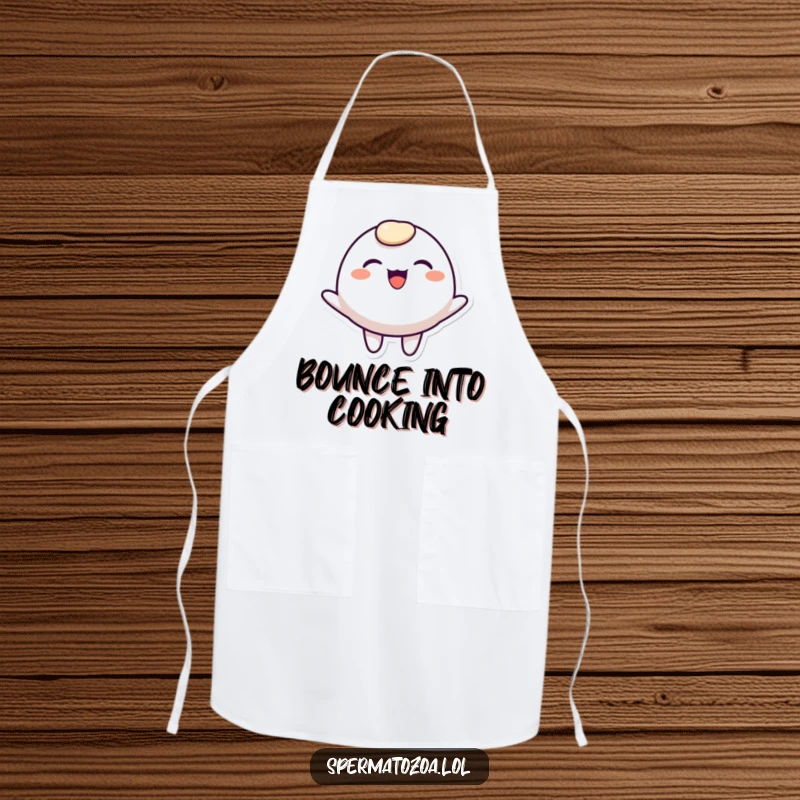 Funny rounded character apron, smiling and bouncing joyfully, ideal for humorous and cheerful kitchen activities.