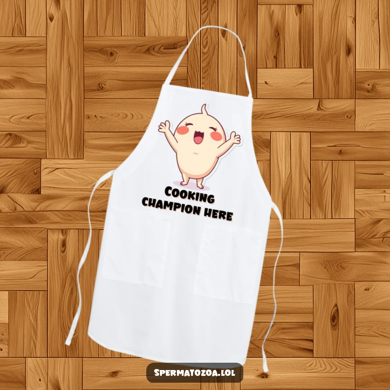Funny Sperm Cheer Apron: Tiny sperm character cheering enthusiastically on a kitchen apron, a humorous and practical funny gift.
