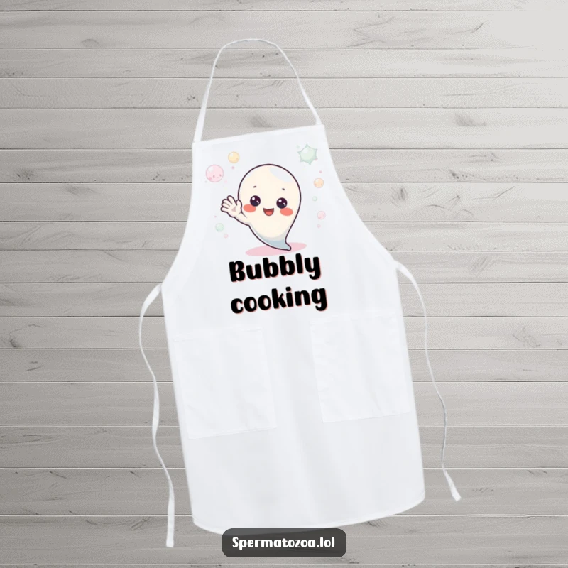 Funny Apron: A tiny sperm character waves hello from a bubbly environment, perfect for adding a humorous and friendly touch to kitchen activities.