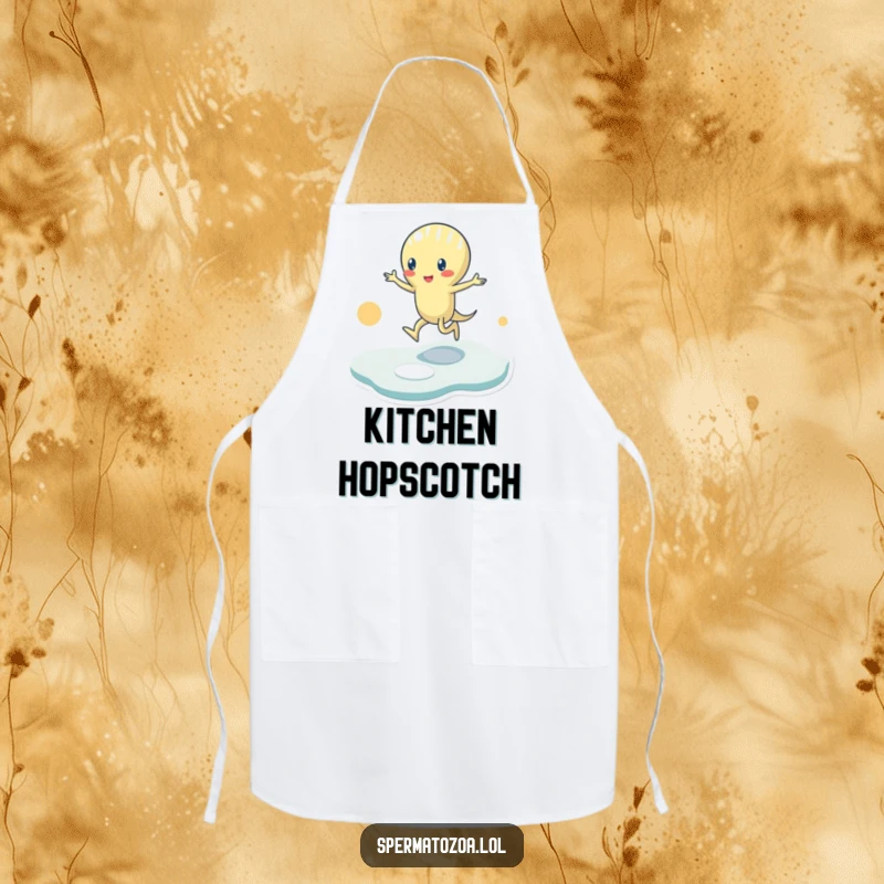 Funny Apron: A tiny sperm character plays hopscotch on abstract shapes, perfect for adding a humorous and playful touch to kitchen activities.