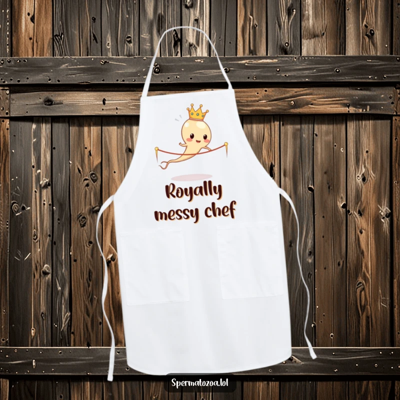 Funny sperm cell king in crown humorously skipping rope made of sperm tails, a whimsical kitchen apron for cooking fun.
