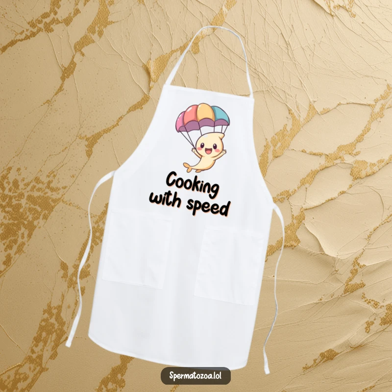 Funny tiny sperm character zooming with a parachute, on a kitchen apron for adventurous cooking.