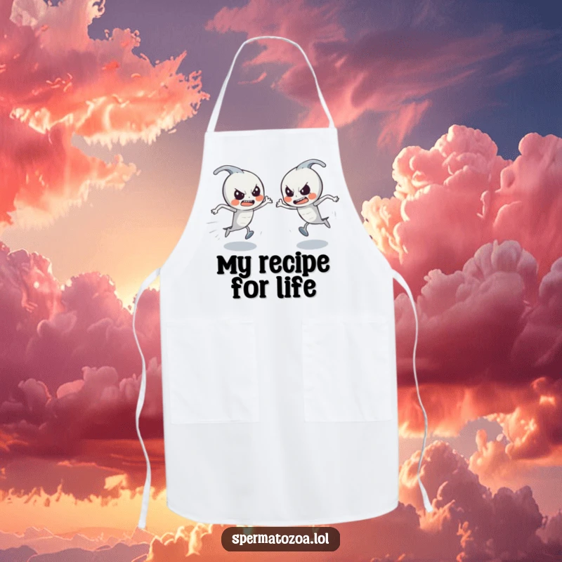 Funny Sperm Race Apron: Determined tiny sperm characters racing on a chef's apron, ideal for a humorous kitchen funny gift.