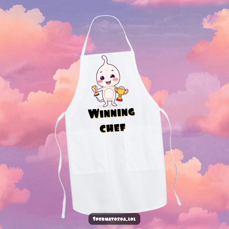 Funny sperm apron depicting a proud sperm character holding a tiny trophy, ready for kitchen duties with a humorous touch.