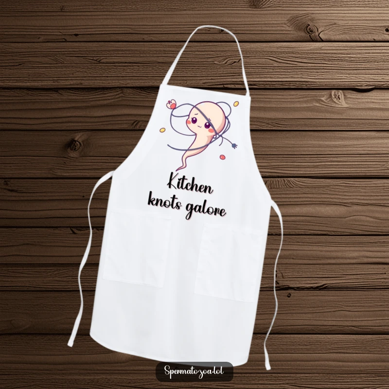 Funny sperm character apron, comically tangled in a microscopic strand, practical kitchen wear.