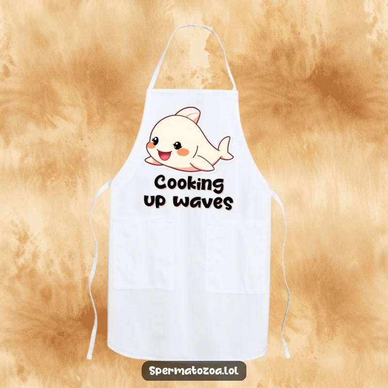 Funny Apron with a tiny character enthusiastically swimming with a determined grin, perfect for cooks who embrace challenges.