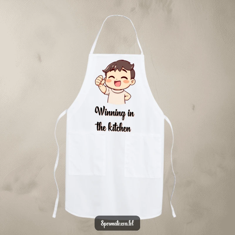 Funny Victory Cheer Apron showing an enthusiastic character pumping its fist, perfect for cooks and as a humorous funny gift.