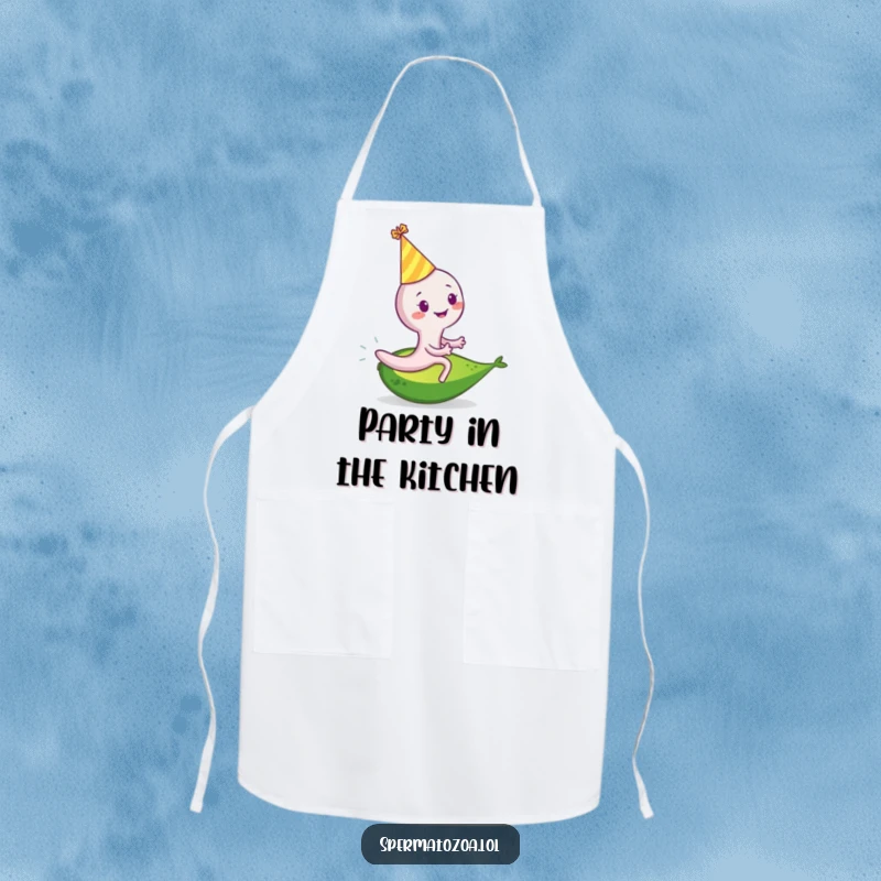 Funny sperm cell apron showing a smiling sperm in a party hat riding a rolling avocado, for humorous party cooking.