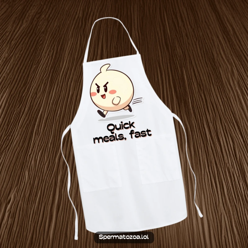 Funny zippy character apron with a small, round character zipping past, perfect for cooks who appreciate speed and cheer.