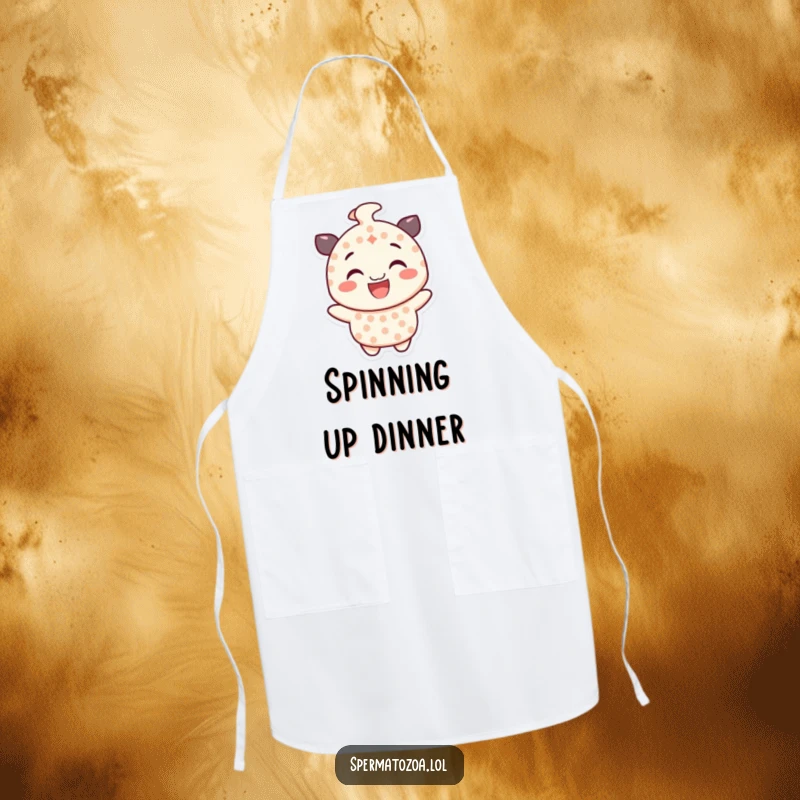 Funny dotted character apron, smiling and spinning gleefully, ideal for humorous and energetic kitchen activities.
