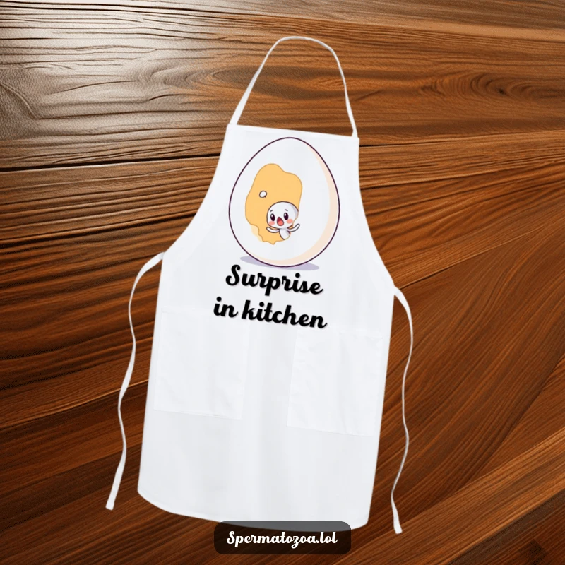 Funny tiny sperm character surprised by a giant egg, on a kitchen apron for humorous cooking.