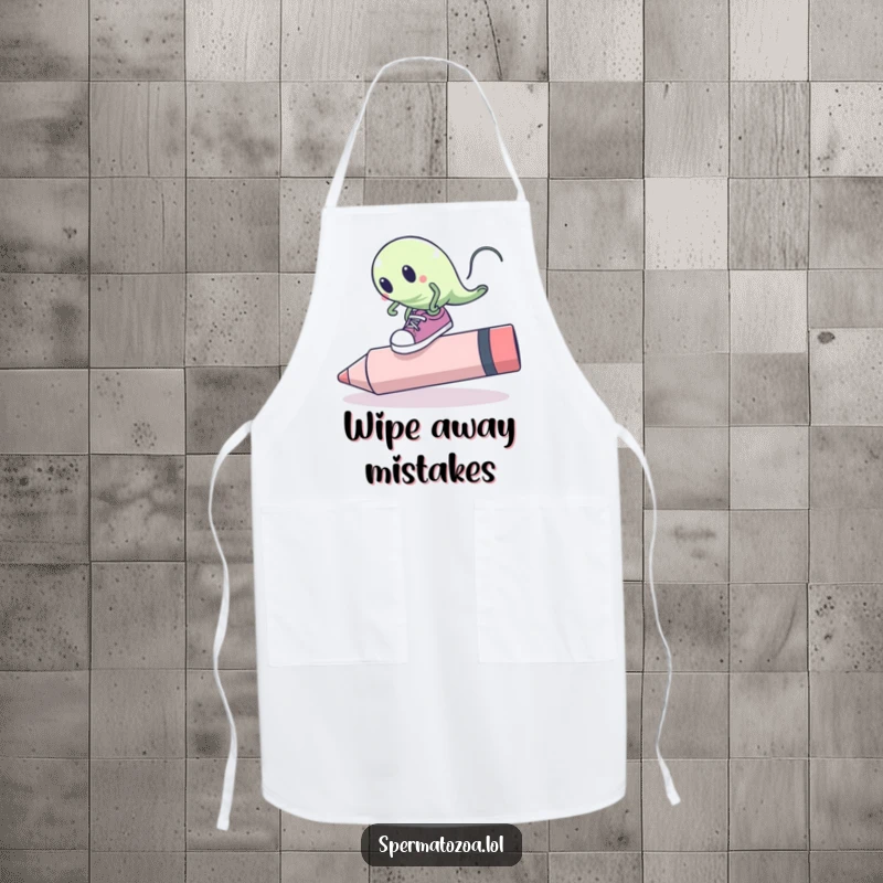 Funny sperm cell apron showing a sperm with oversized shoes tripping over a giant pink eraser, for humorous kitchen use.