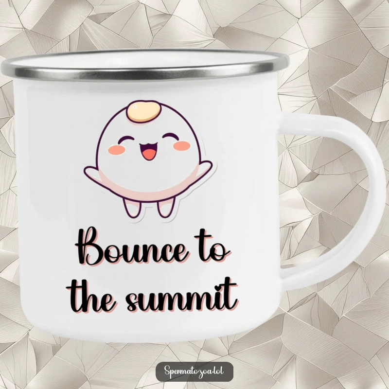 Funny rounded character camping mug, smiling and bouncing joyfully, durable and humorous for outdoor enjoyment.