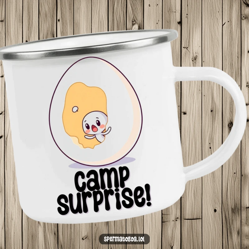 Funny tiny sperm character surprised by a giant egg, printed on a durable camping mug for humorous outdoor enjoyment.