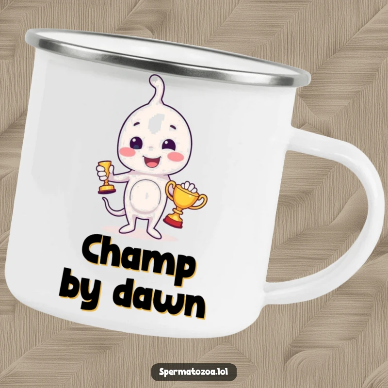 Funny sperm camping mug with a proud sperm character holding a miniature trophy, ideal for enjoying drinks outdoors.