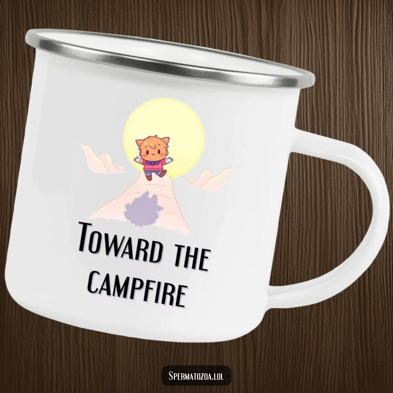 Funny bouncing character camping mug featuring a character playfully bouncing towards a glowing destination, perfect for adventures.