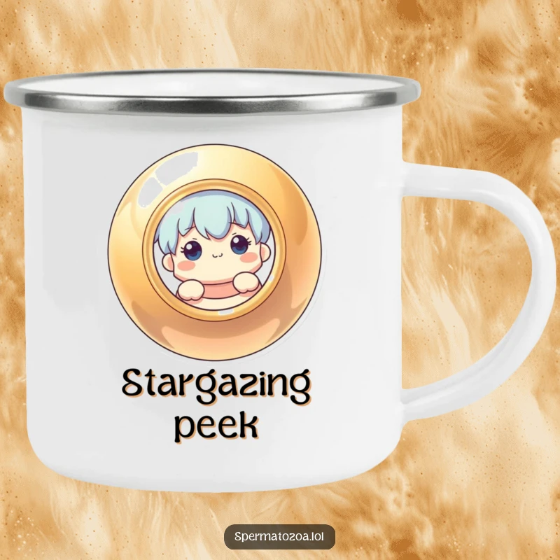 Funny camping mug featuring a curious character peeking from behind a shiny, circular object, ideal for outdoor adventures.