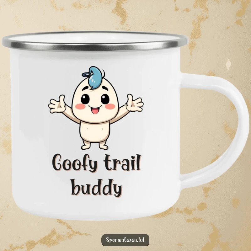 Funny Camping Mug featuring a happy character striking a goofy pose with arms wide, ideal for humorous outdoor enjoyment.