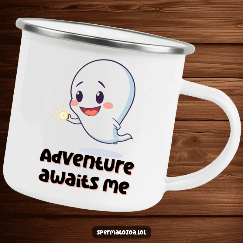 Funny camping mug featuring a sperm character with a goofy grin, embarking on a journey to chase a luminous dot, ready for adventure.