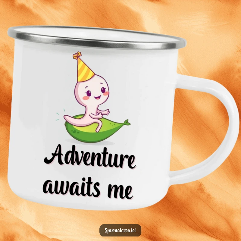 Funny sperm cell camping mug with a smiling sperm in a party hat riding a rolling avocado, durable with festive humor.