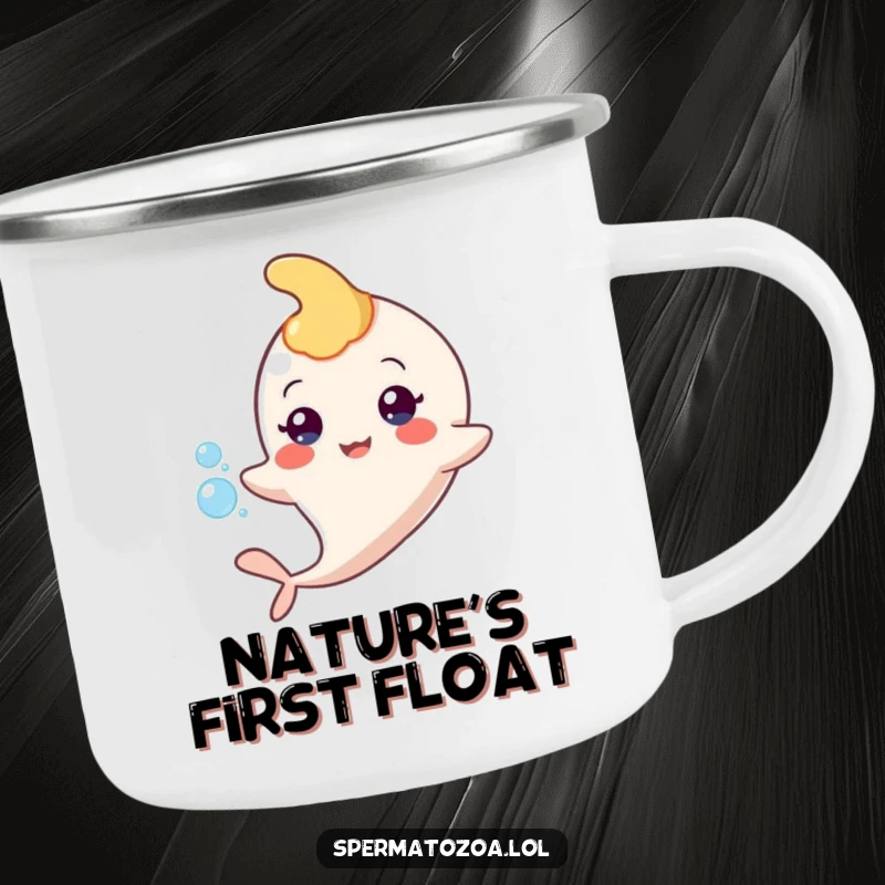 Funny sperm character enamel camping mug, floating calmly with a bubble, rugged and portable.