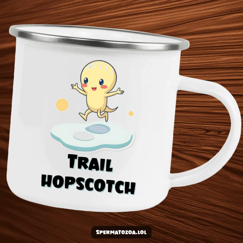 Funny Camping Mug: A tiny sperm character plays hopscotch on abstract shapes, perfect for enjoying drinks during outdoor adventures with a playful twist.