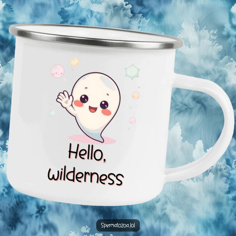 Funny Camping Mug: A tiny sperm character waves hello from a bubbly environment, perfect for enjoying drinks during outdoor adventures with a friendly twist.