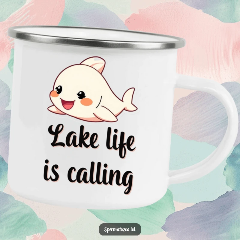Funny Camping Mug featuring a tiny character enthusiastically swimming with a determined grin, ideal for humorous outdoor motivation.