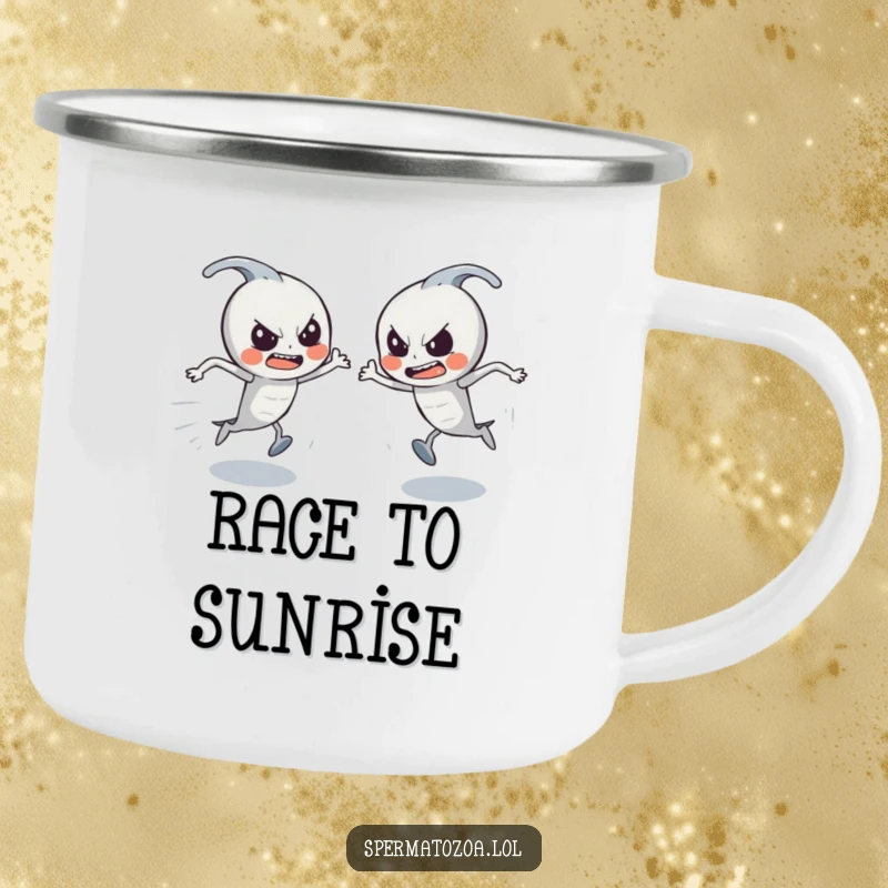 Funny Sperm Race Camping Mug: Tiny sperm characters racing with determination, a rugged and humorous funny gift for adventurers.