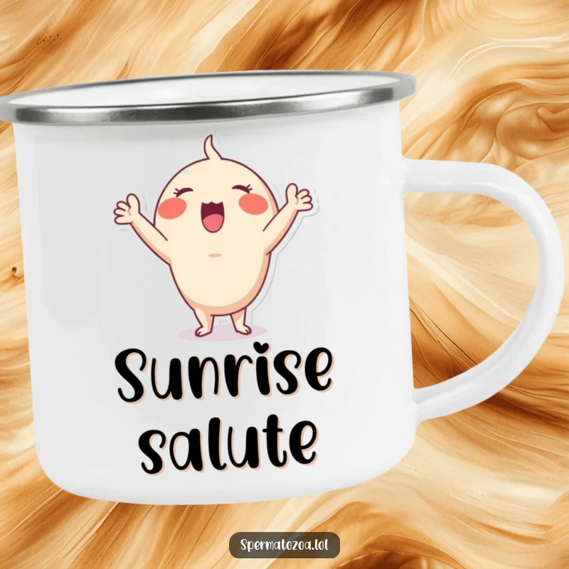 Funny Sperm Cheer Camping Mug: Tiny sperm character cheering enthusiastically, an adventurous and humorous funny gift.