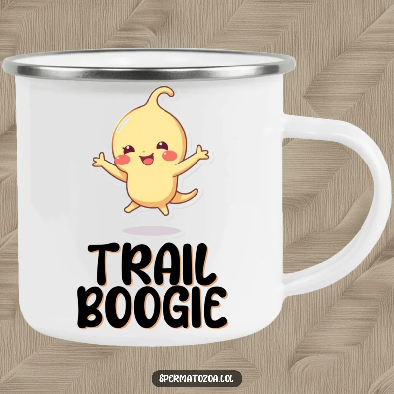 Funny sperm camping mug with a sperm character dancing joyfully, perfect for adding humor to outdoor beverages.