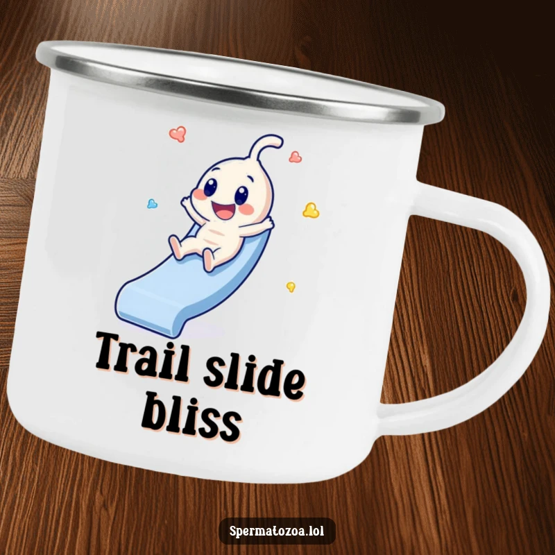Funny Sperm Slide Camping Mug: Tiny sperm character sliding with glee, an adventurous and humorous funny gift.