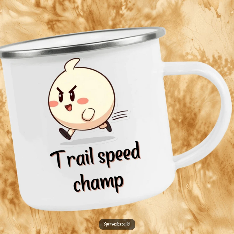 Funny zippy character camping mug featuring a small, round character zipping past with determined cheer, perfect for adventures.