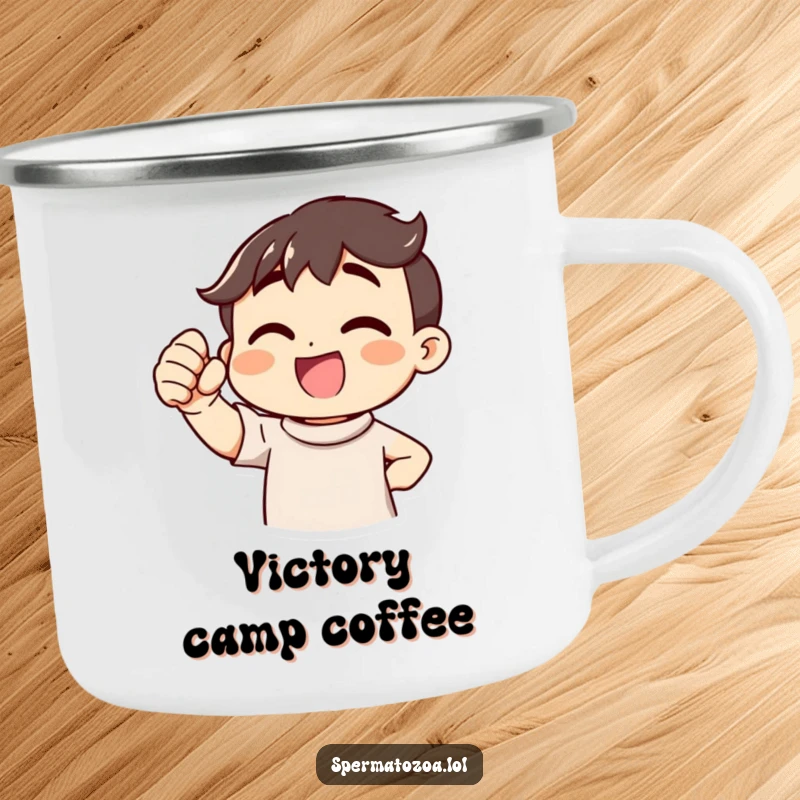 Funny Victory Cheer Camping Mug showing an enthusiastic character pumping its fist, perfect for outdoor enthusiasts and as a funny gift.