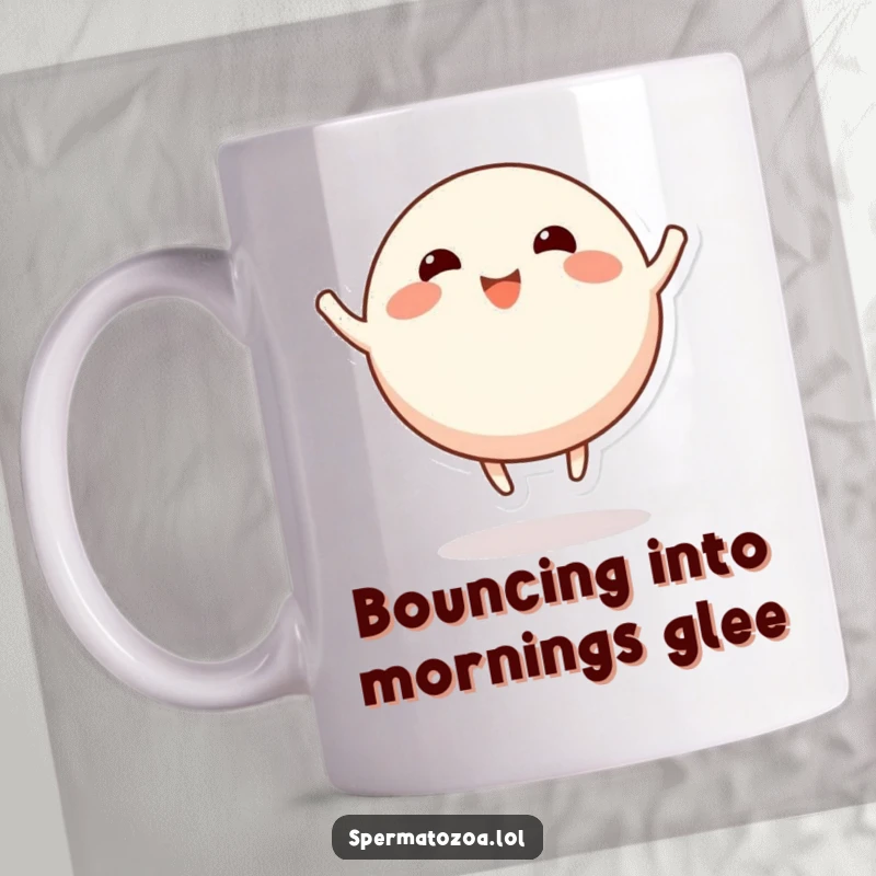 Funny round happy character mug, stubby limbs, bouncing up and down, conveying pure joy and playful energy.