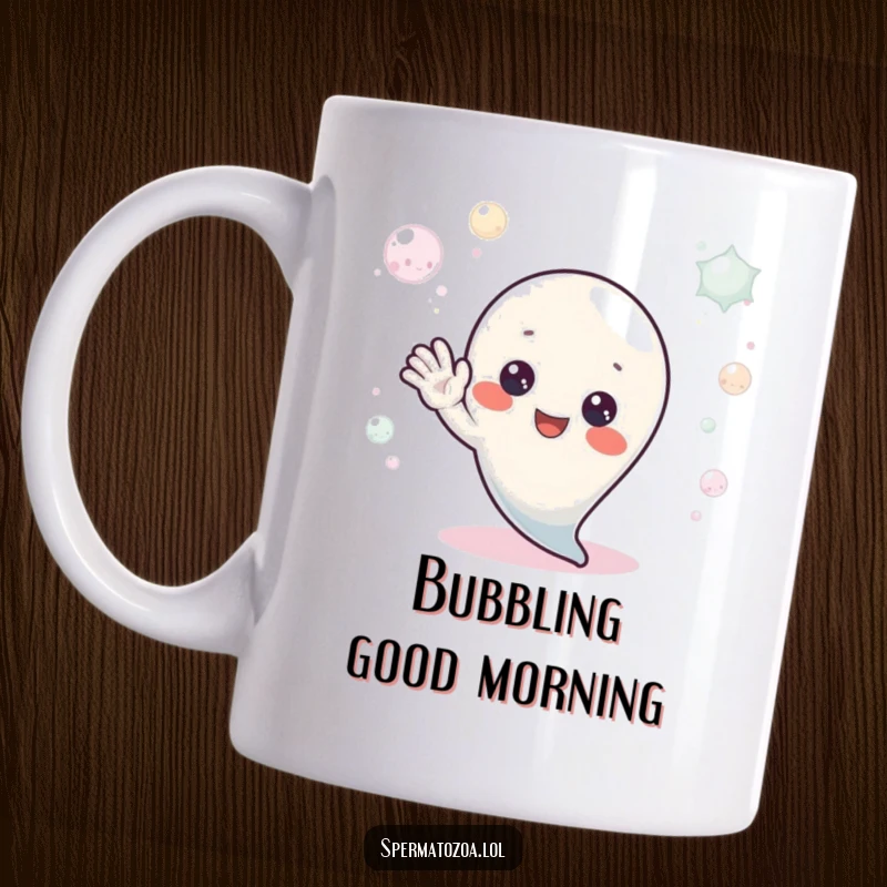 Funny Mug: A tiny sperm character waves hello warmly from within a bubbly, aquatic environment, exuding friendliness and humor.
