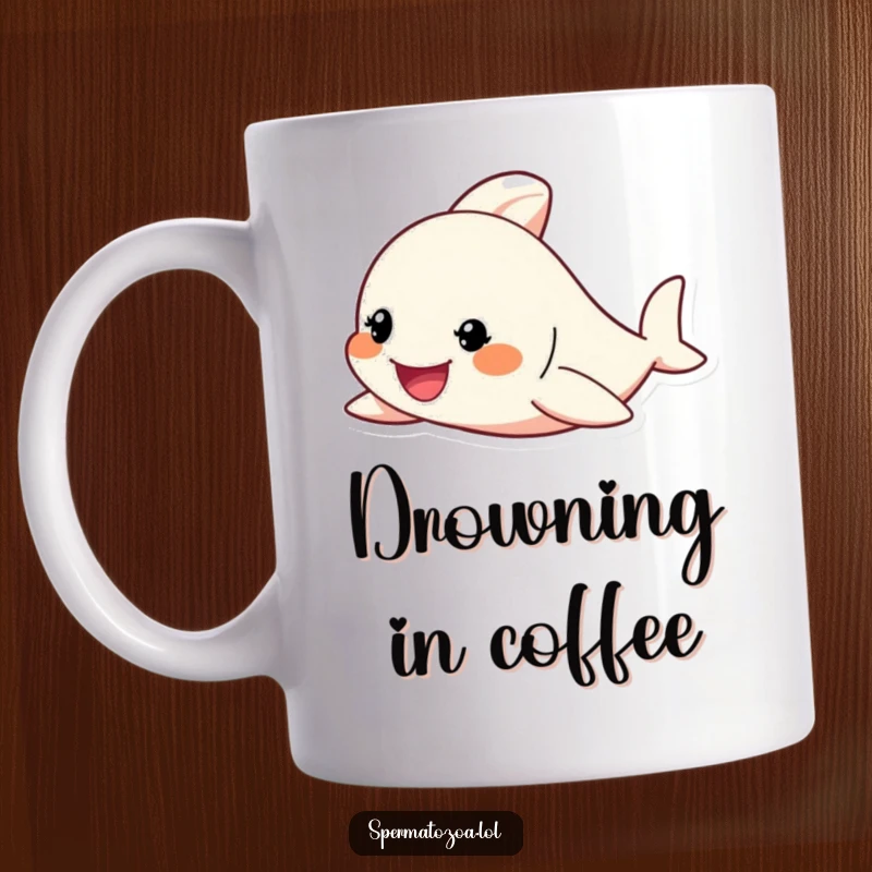 Funny Mug featuring a tiny character enthusiastically swimming with a determined grin, symbolizing effort and humor.