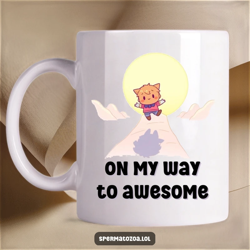 Funny mug showing a character playfully bouncing towards a large, glowing destination, full of hope and cheer.