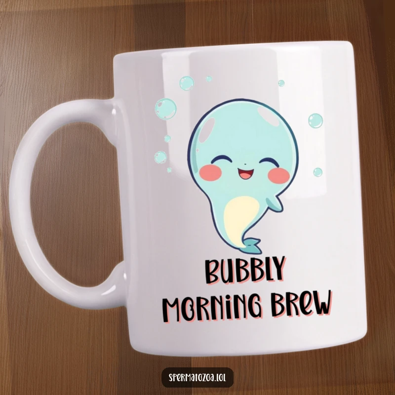 Funny mug with a sperm character in mid-giggle, playfully surrounded by small, effervescent bubbles, radiating pure, infectious joy.