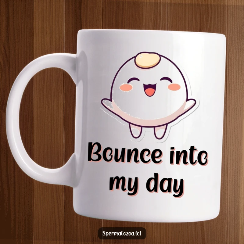 Funny simple rounded character mug, wide smile, bouncing joyfully, conveying pure happiness and positive energy.
