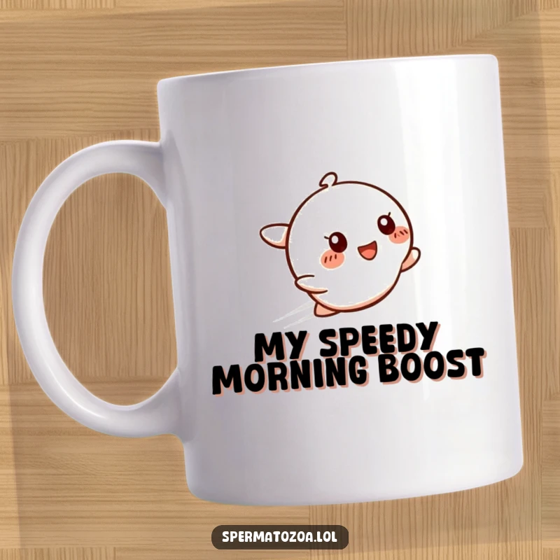 Funny Speedy Smile Mug showing a character zipping with a glow, perfect for fast movers and as a funny gift.