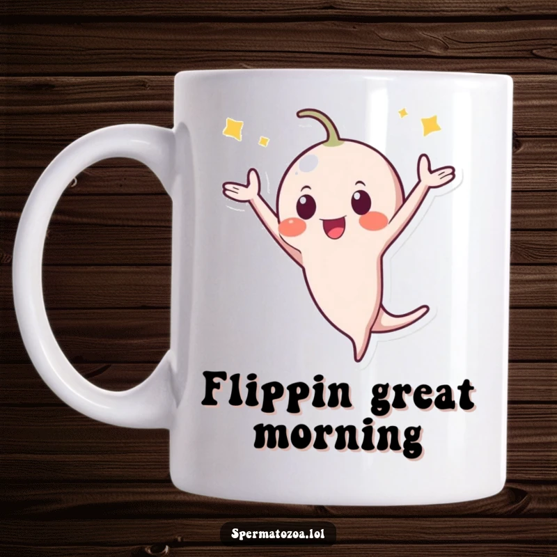 Funny Mug: A tiny sperm character performs an enthusiastic, celebratory flip, symbolizing new life and joyous beginnings with humor.