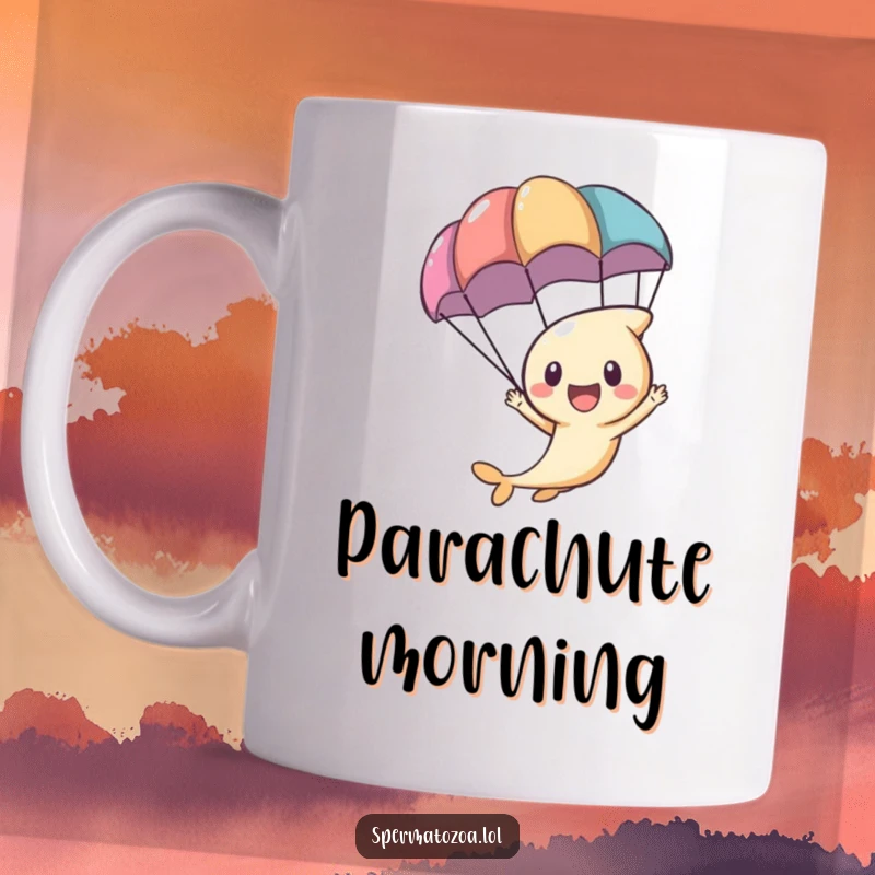 Funny tiny sperm character excitedly zooming through the air with a parachute on this humorous mug.
