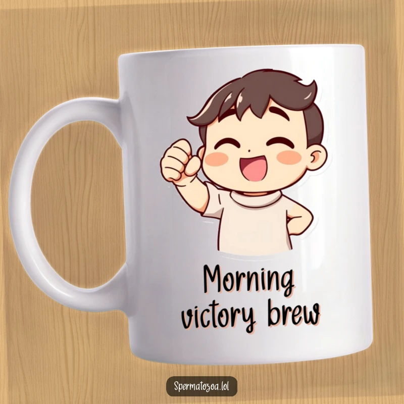 Funny Victory Cheer Mug showing a happy character pumping its fist, perfect for celebrating and as a funny gift.
